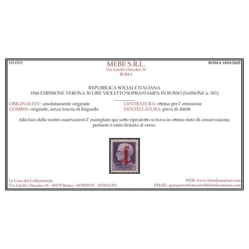 R.S.I. SOCIALE 1944 50 C. FASCETTO VERONA N.501 G.I MNH** CERT.  | ...