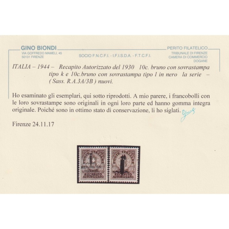 R.S.I. SOCIALE 1944 RECAPITO AUTORIZZATO 2 V. N.3A-3B G.I MNH** CER...