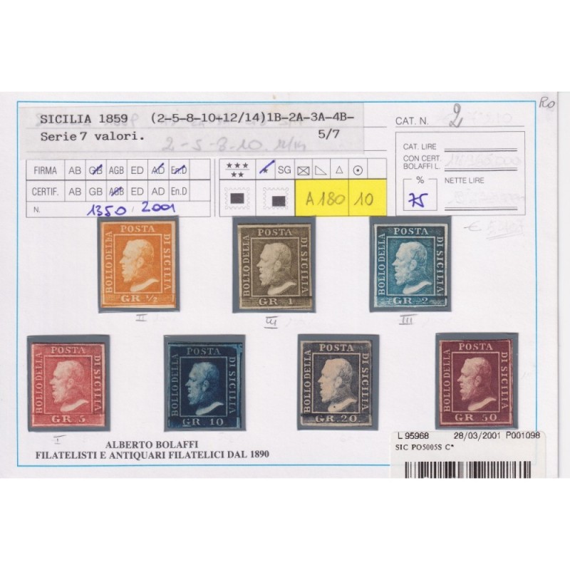 SICILIA 1859 SERIE COMPLETA 7 VALORI G.O MH* CERT.BOLAFFI  | Filate...