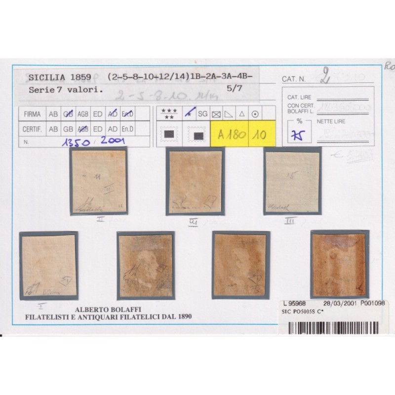 SICILIA 1859 SERIE COMPLETA 7 VALORI G.O MH* CERT.BOLAFFI  | Filate...