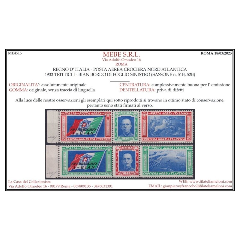 REGNO D'ITALIA 1933 TRITTICI CROCIERA NORD ATLANTICA I-BIAN G.I MNH...