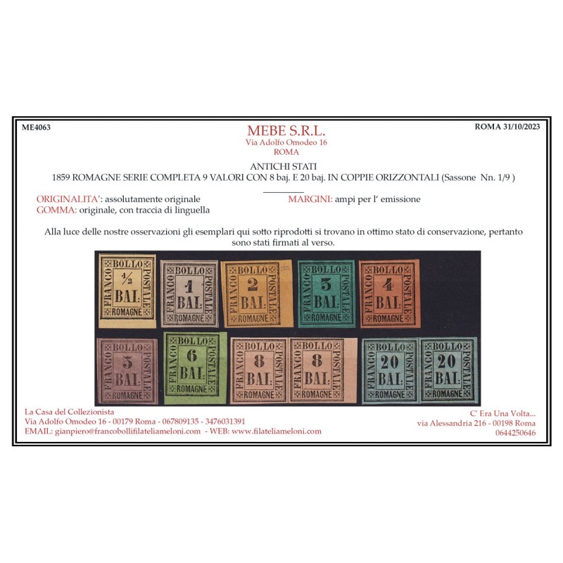 ROMAGNE 1859 SERIE COMPLETA 9 V. CON 2 COPPIE G.O MH* CERT.  | Fila...