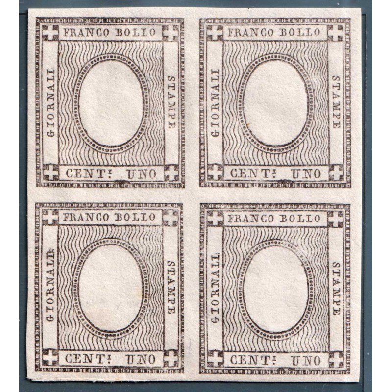 1861 SARDEGNA PER STAMPATI 1c. SENZA CIFRA AL CENTRO QUARTINA G.I. ...