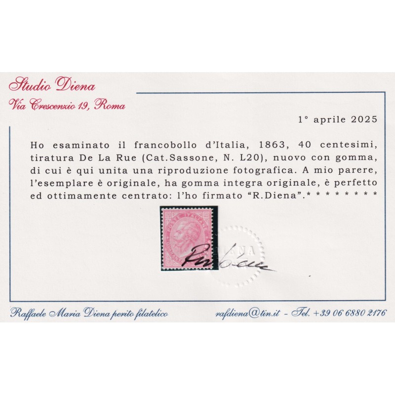 1863 Regno d' Italia 40 centesimi tiratura De La Rue (Cat. Sassone,...