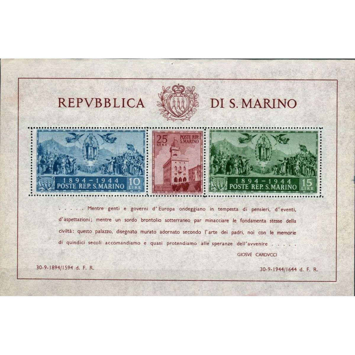 SAN MARINO 1945 FOGLIETTI PALAZZO DEL GOVERNO CARDUCCI 2 V. G.I MNH... SAN MARINO 1945 FOGLIETTI PALAZZO DEL GOVERNO CARDUCCI 2 V. G.I MNH...