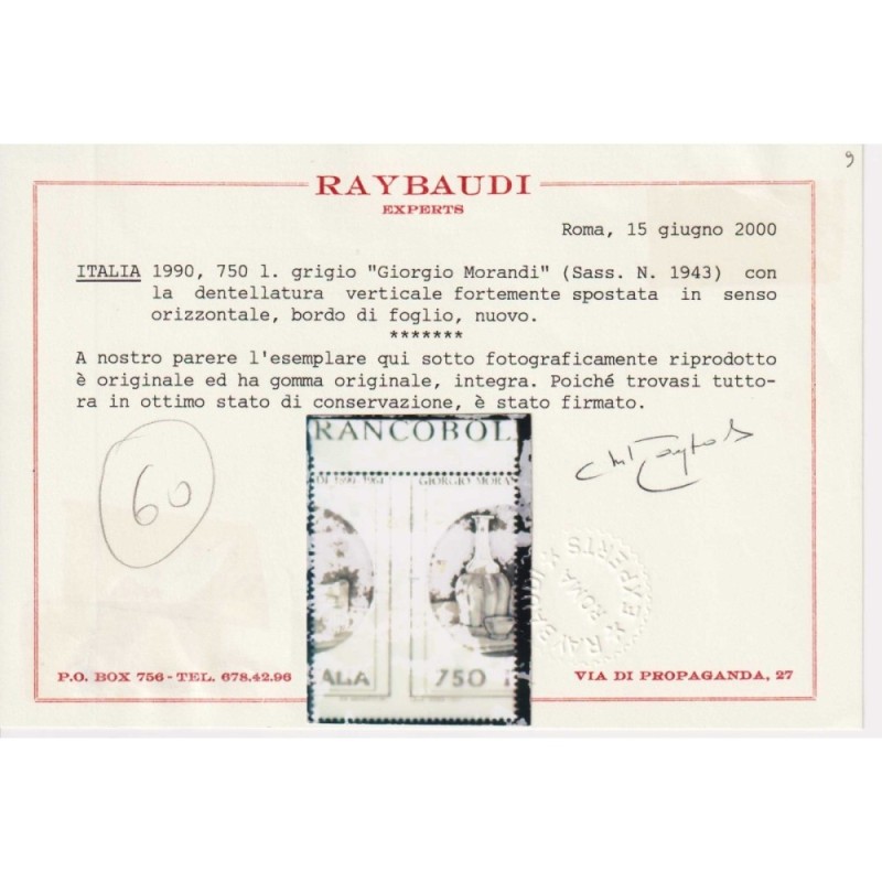 REPUBBLICA 1990 MORANDI 750 LIRE VARIETA' DENT. SPOSTATA G.I MNH** ...