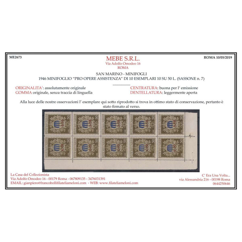 SAN MARINO 1946 MINIFOGLIO PRO OPERA ASSISTENZA N.7 G.I MNH** CERT....