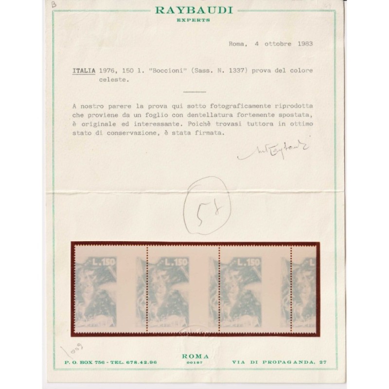 REPUBBLICA 1976 BOCCIONI VARIETA' PROVA COLORE CELESTE G.I MNH** CE...