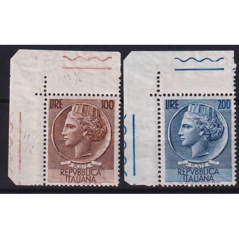 REPUBBLICA 1954 ITALIA TURRITA RUOTA 2 VALORI G.I MNH** ANGOLO FOGL...