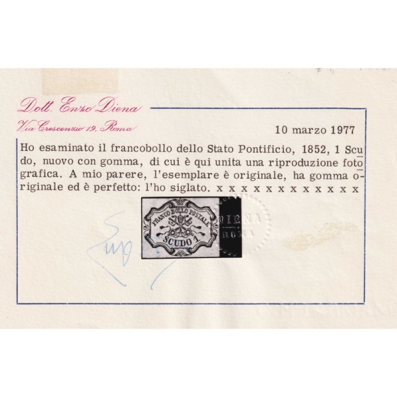 STATO PONTIFICIO 1852 1 SCUDO N.11 G.O MH* CERT.  | Filatelia Meloni