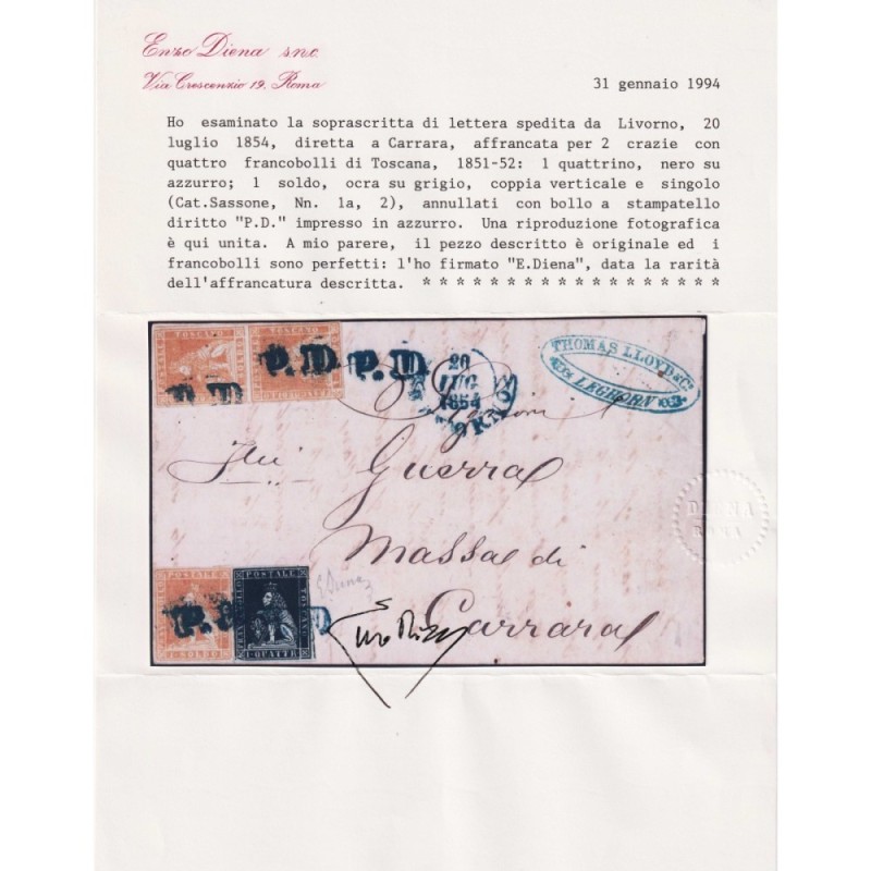 TOSCANA 1851 1 QUATTRINO + 1 SOLDO 4 V. N.1a-2 SU SOPRASCRITTA CERT...