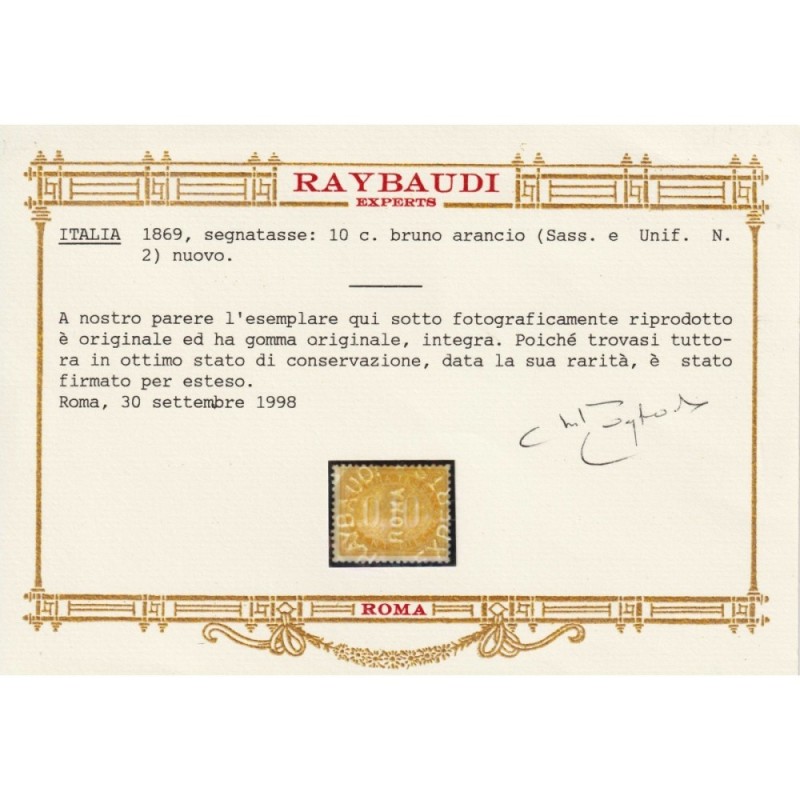 REGNO D'ITALIA 1869 SEGNATASSE 10 CENTESIMI N.2 G.I MNH** CERT.  | ...