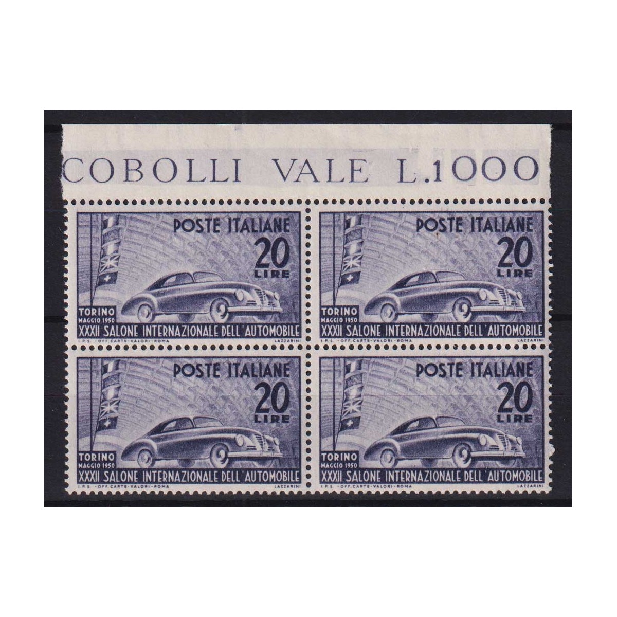 REPUBBLICA 1950 QUARTINA SALONE DELL'AUTOMOBILE G.I MNH** BORDO FOG... REPUBBLICA 1950 QUARTINA SALONE DELL'AUTOMOBILE G.I MNH** BORDO FOG...