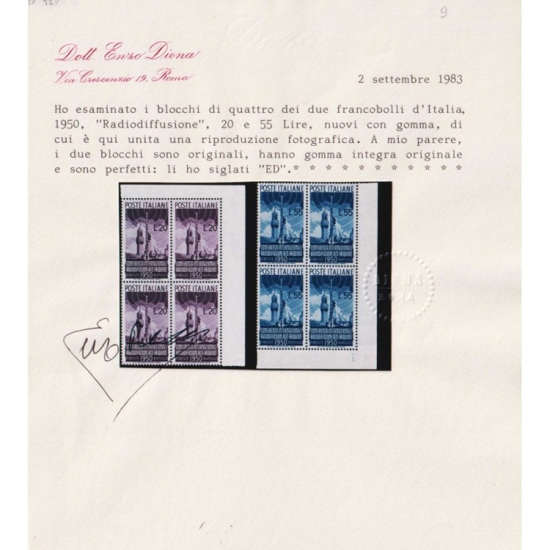 REPUBBLICA 1950 QUARTINA RADIODIFFUSIONE G.I MNH** CERT. ANGOLO FOG...
