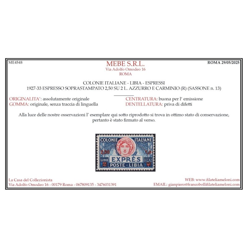 COLONIE LIBIA 1927-33 ESPRESSO 2,50 LIRE SU 2 LIRE N.13 G.I MNH** C...