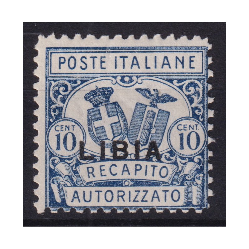 COLONIE LIBIA 1929 RECAPITO AUTORIZZATO 10 C. DENT.11 N.1 G.I MNH**...
