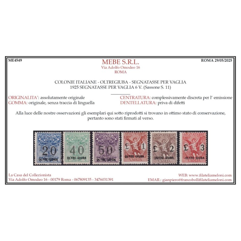 COLONIE OLTRE GIUBA 1925 SEGNATASSE PER VAGLIA 6 V. N.1-6 G.I MNH**...