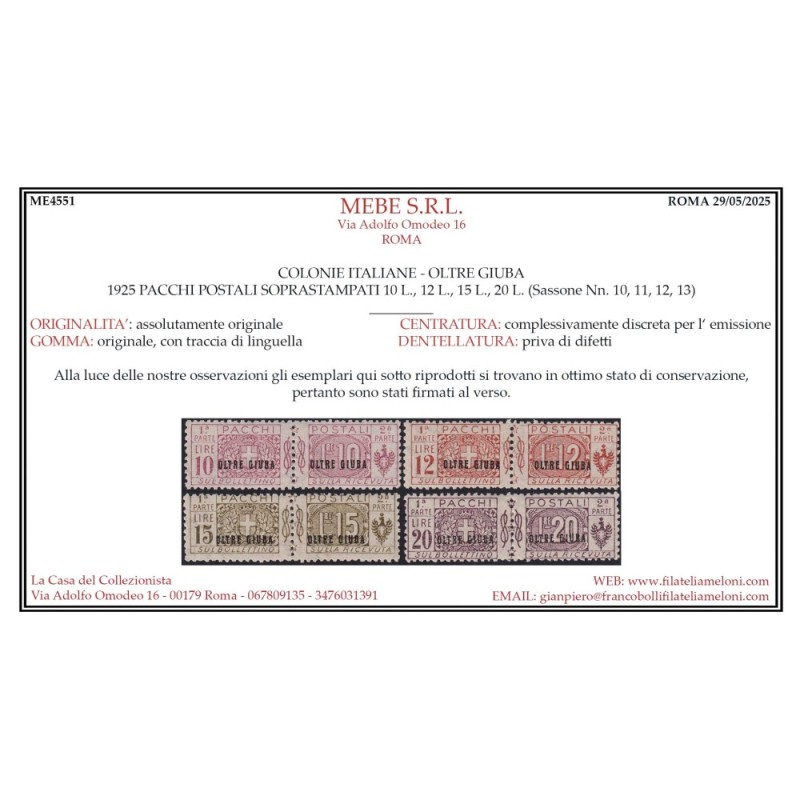 COLONIE OLTRE GIUBA 1925 PACCHI POSTALI NODO 13 V. N.1-13 G.O MH* C...