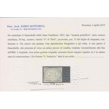 STATO PONTIFICIO 1852 50 BAJ. N.10 CON VARIETA' G.O MLH* CERT.  | F...