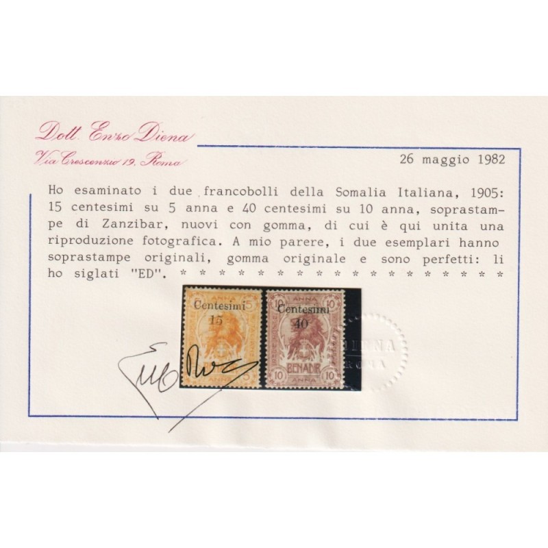 COLONIE SOMALIA 1905 ZANZIBAR LEONI 2 V. N.8-9 G.O MH* CERT.  | Fil...
