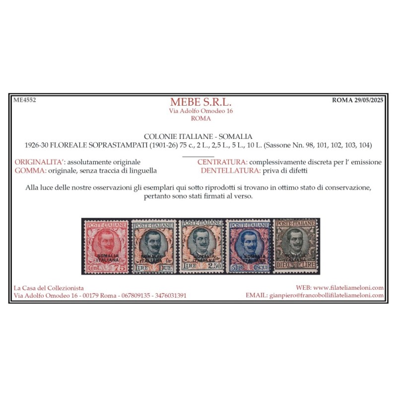 COLONIE SOMALIA 1926-30 SERIE COMPLETA 14 VALORI G.I MNH** CERT.  |...