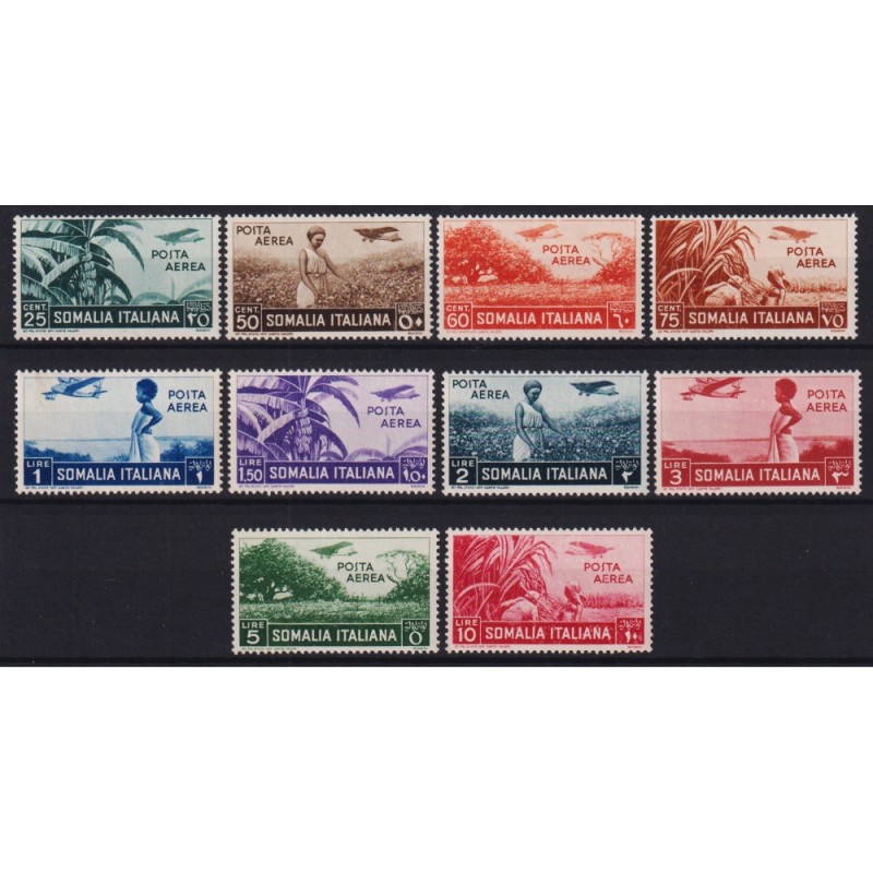 COLONIE SOMALIA 1936 POSTA AEREA SOGGETTI AFRICANI 10 VALORI G.I MN...