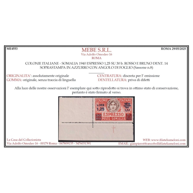COLONIE SOMALIA 1940 ESPRESSO N.8 G.I MNH** CERT.  | Filatelia Meloni
