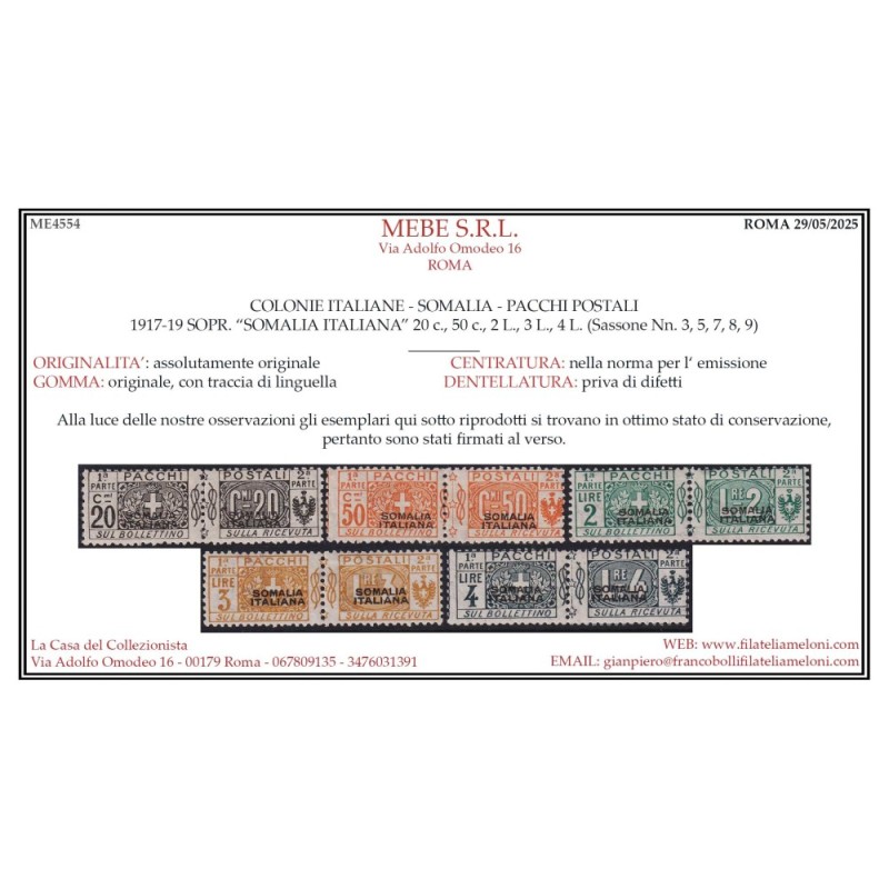 COLONIE SOMALIA 1917-19 PACCHI POSTALI I TIPO N.1-9 G.O MH* CERT.  ...