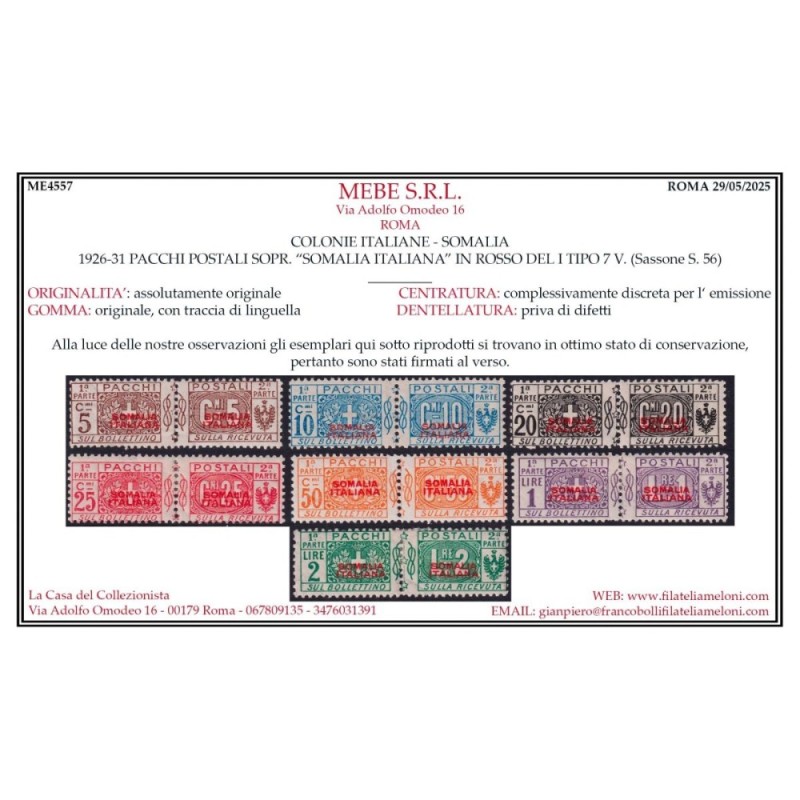 COLONIE SOMALIA 1926-31 PACCHI POSTALI NON EMESSI N.43-49 G.O MH* C...