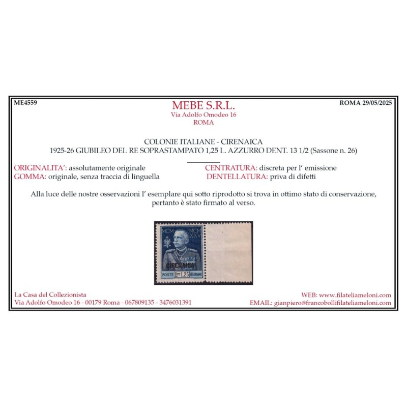 COLONIE CIRENAICA 1925-26 GIUBILEO DEL RE 1,25 LIRE DENT.13 1/2 G.I...
