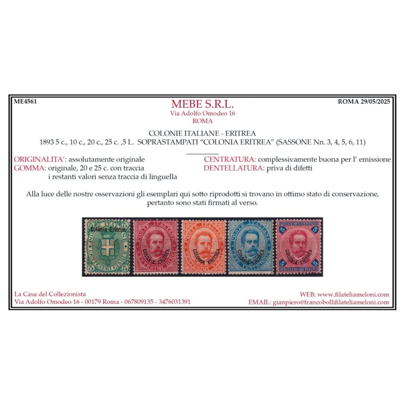 COLONIE ERITREA 1893 UMBERTO I SERIE COMPLETA 11 V. G.O MH* / G.I M...