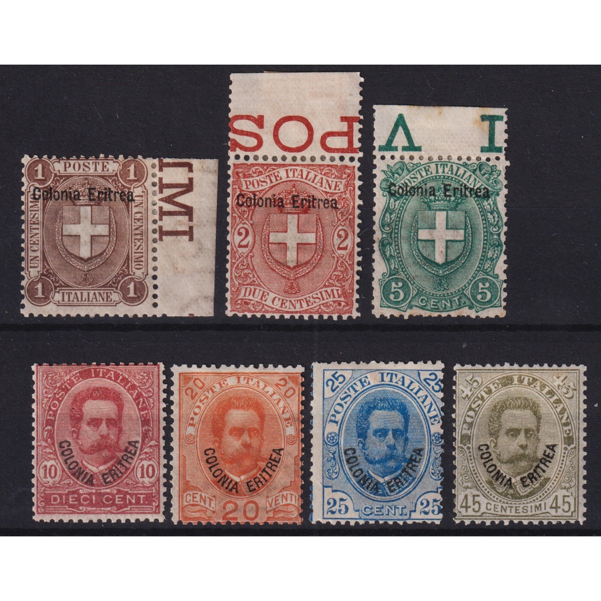 COLONIE ERITREA 1895-99 STEMMI E UMBERTO I 7 VALORI G.O MH* | Fila... COLONIE ERITREA 1895-99 STEMMI E UMBERTO I 7 VALORI G.O MH* | Fila...