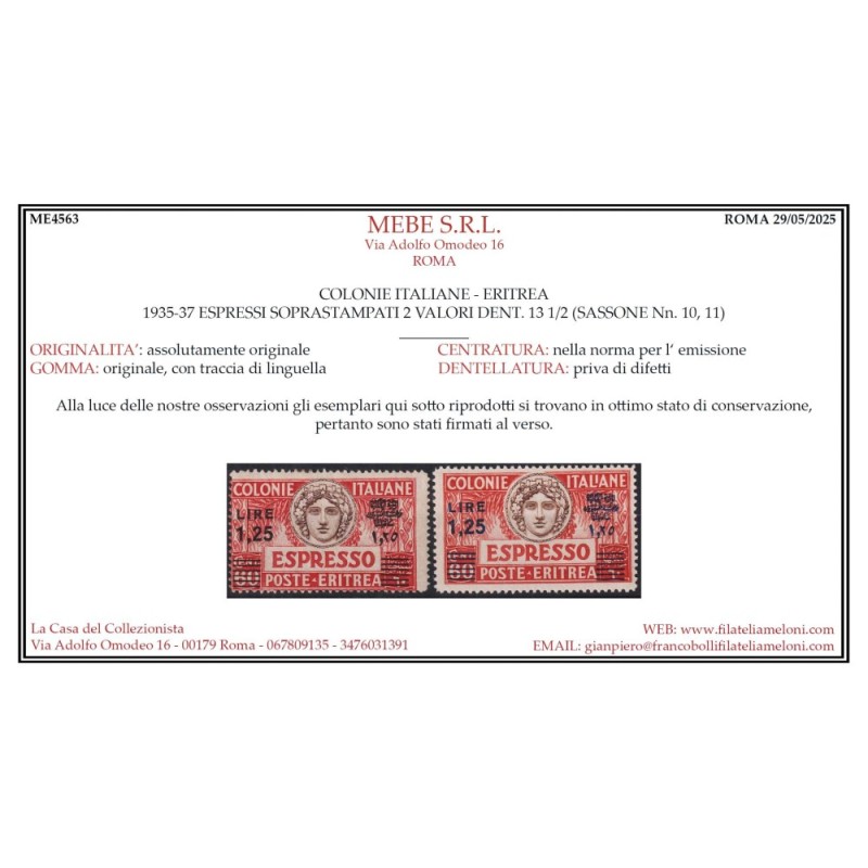 COLONIE ERITREA 1935-37 ESPRESSI 3 V. N.9-11 G.O MH* CERT.  | Filat...