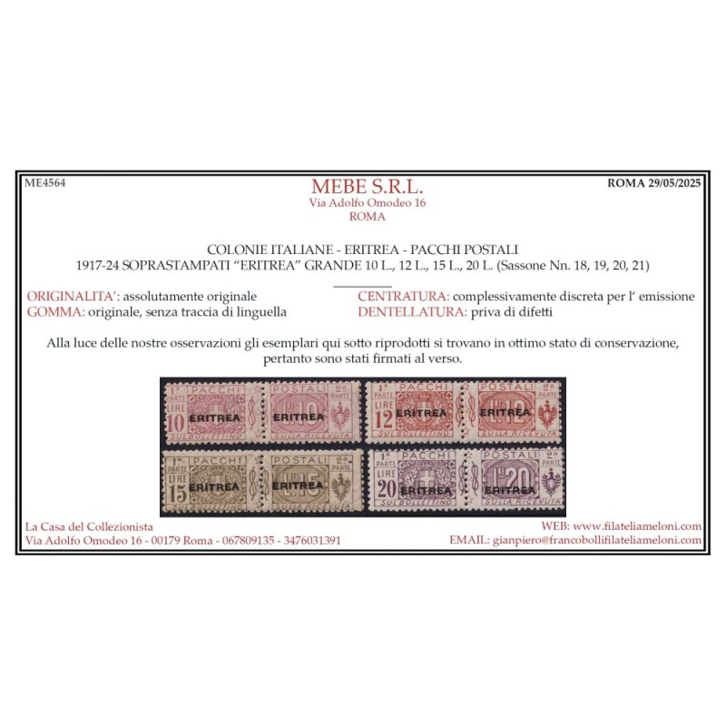 ERITREA 1917-24 PACCHI POSTALI NODO 13 V. N.9-21 G.O MH* ALTI V. G....