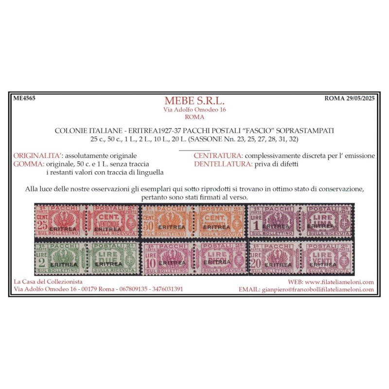 COLONIE ERITREA 1927-37 PACCHI POSTALI 10 V. N.23-32 G.O MH* / G.I ...