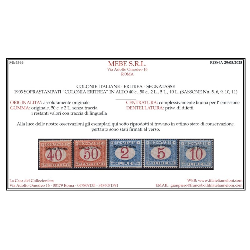 COLONIE ERITREA 1903 SEGNATASSE 11 VALORI G.O MH* / G.I MNH** 3 CER...