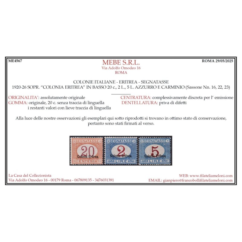 COLONIE ERITREA 1920-26 SEGNATASSE 11 V. N.14-24 G.O MH* / G.I MNH*...