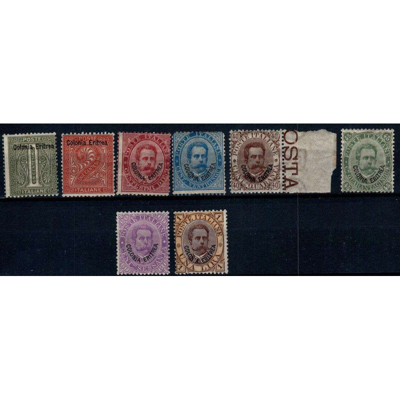 COLONIE ERITREA 1893 SERIETTA 8 VALORI SOPRASTAMPATI QUALITA' MISTA...