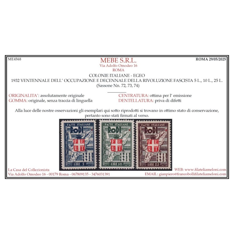 COLONIE EGEO 1932 VENTENNALE DEI FASCI 10 VALORI G.I MNH** CERT.  |...
