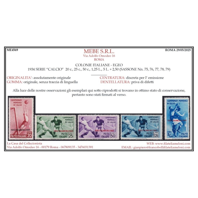 COLONIE EGEO 1934 CALCIO 9 V. G.I MNH** CERT.  | Filatelia Meloni