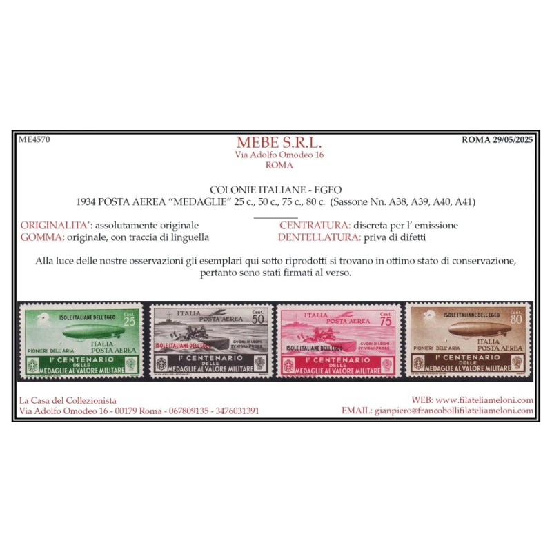 COLONIE EGEO 1934 MEDAGLIE 20 V. G.O MH* CERT.  | Filatelia Meloni