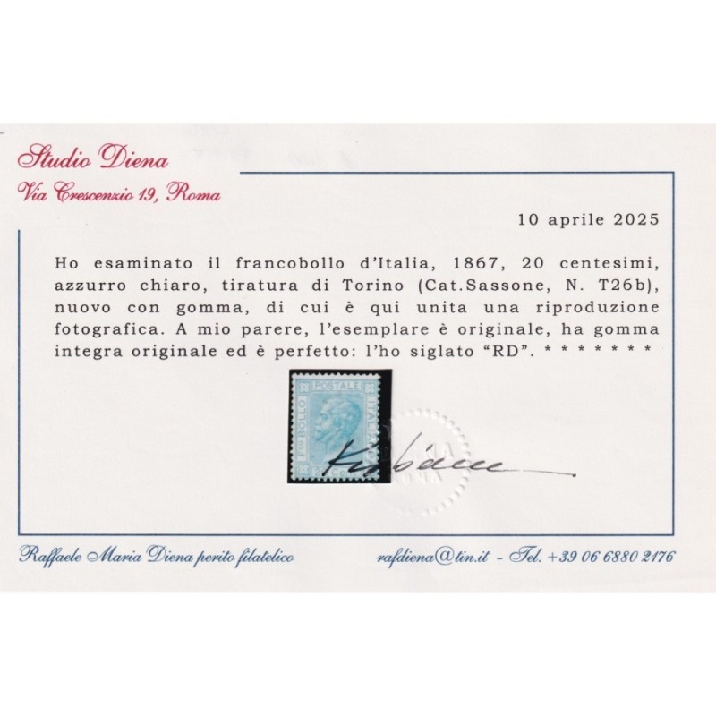 REGNO D'ITALIA 1867 20 CENTESIMI TIR. TORINO N.T26b G.I MNH** CERT....