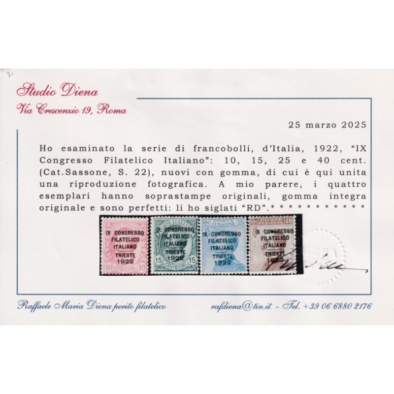 REGNO D'ITALIA 1922 CONFRESSO FILATELICO ITALIANO 4 V. G.I MNH** CE...