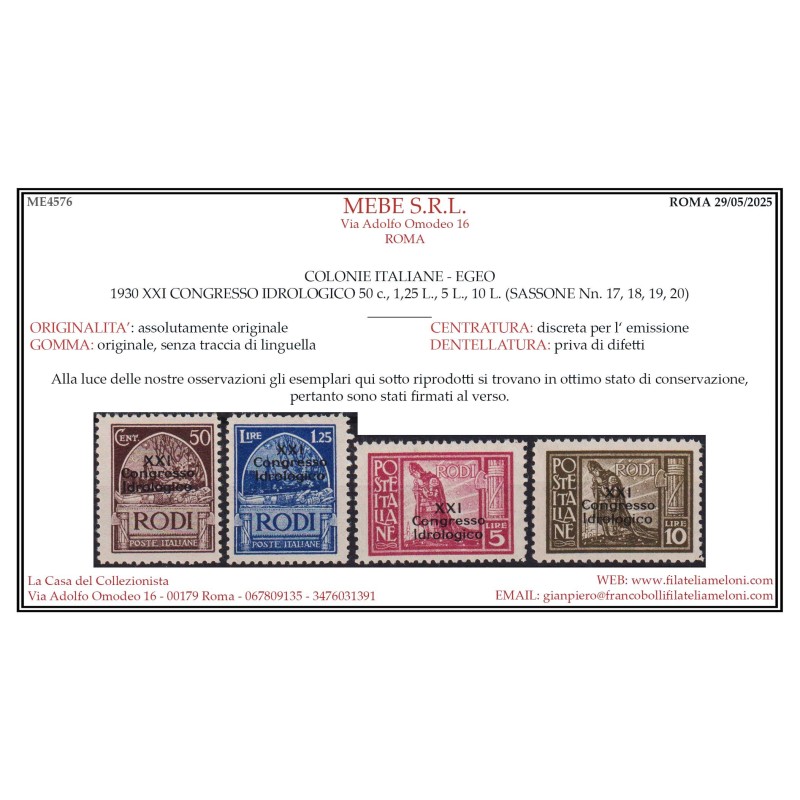COLONIE EGEO 1930 CONGRESSO IDROLOGICO 9 V. G.O MH* ALTI VALORI G.I...