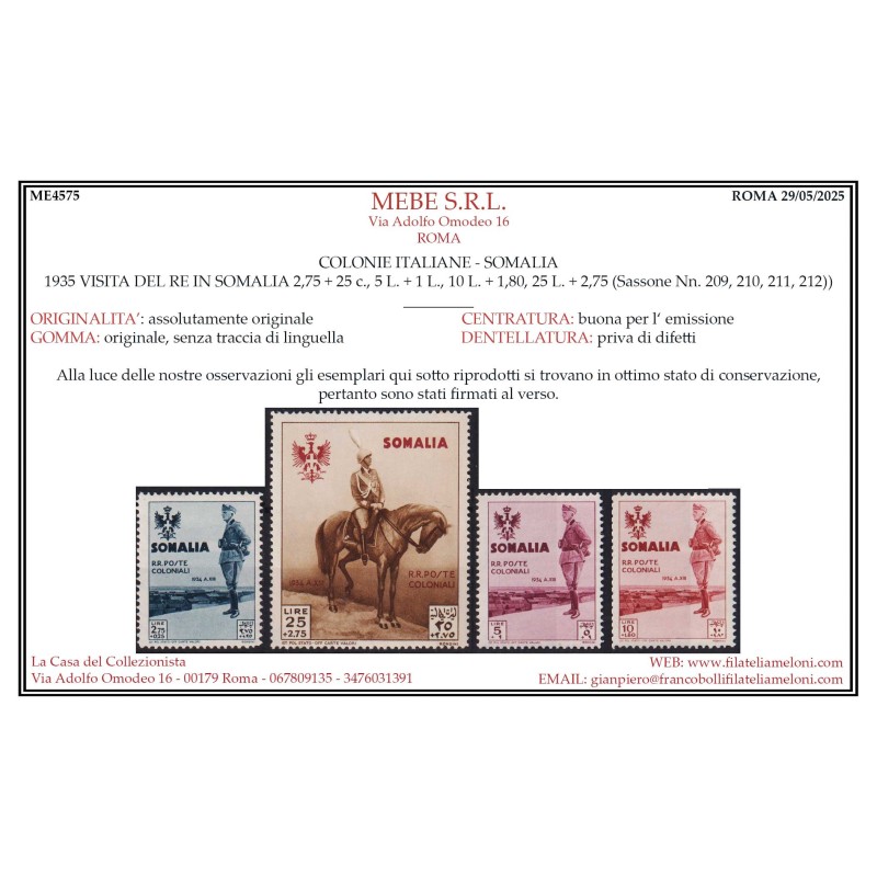 COLONIE SOMALIA 1935 VISITA DEL RE IN SOMALIA 14 V. G.I MNH** CERT....