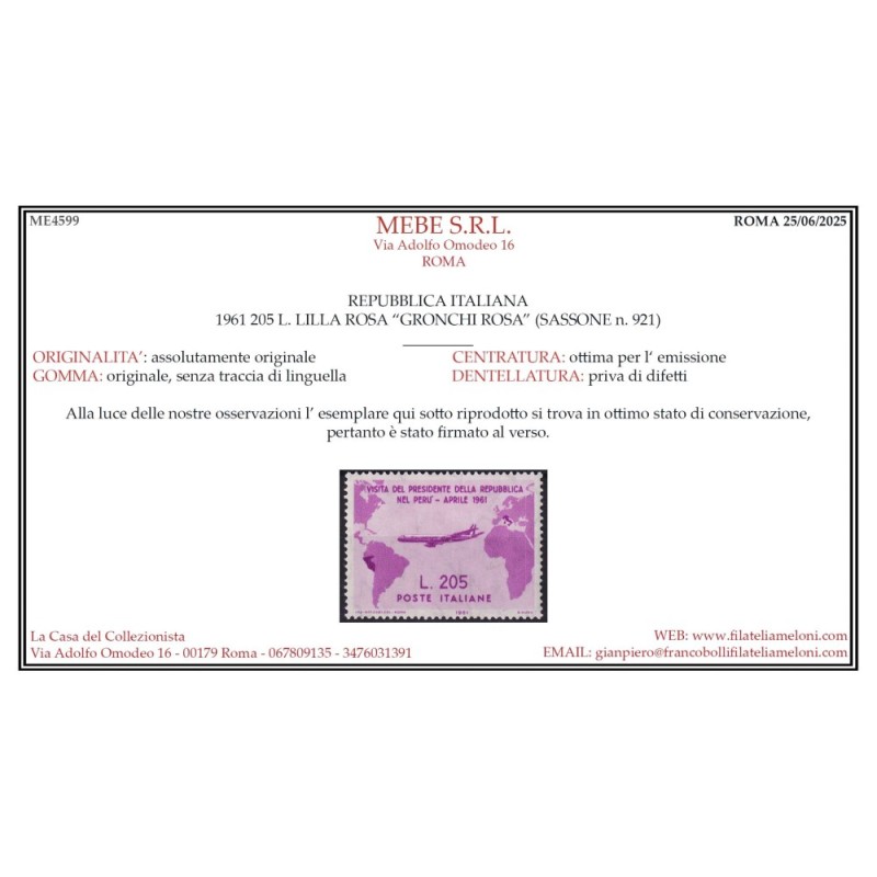 REPUBBLICA 1961 GRONCHI ROSA 205 LIRE G.I MNH** CERT.  | Filatelia ...