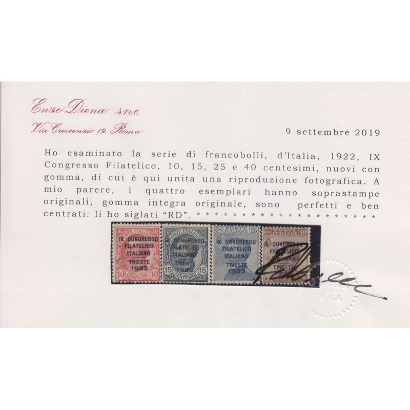 REGNO D'ITALIA 1922 CONGRESSO FILATELICO 4 V. G.I MNH** CERT. BEN C...