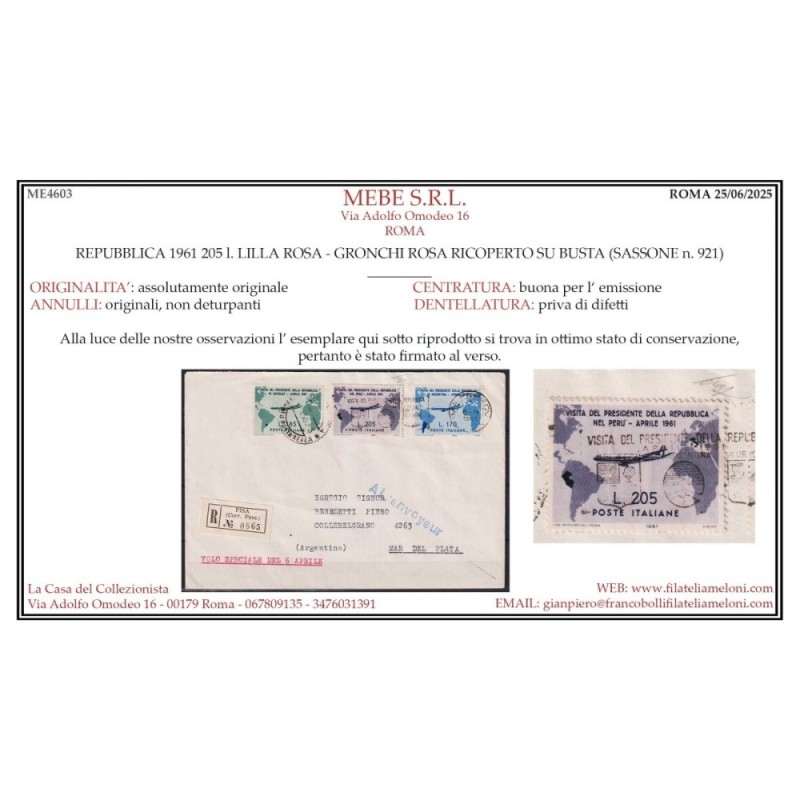 REPUBBLICA 1961 GRONCHI ROSA 205 LIRE RICOPERTO SU BUSTA CERT.  | F...