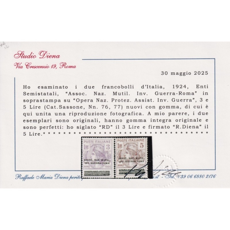 REGNO 1924 PARASTATALI ASSOC. NAZ. MULTIL. INV. GUERRA ROMA 3 LIRE ...