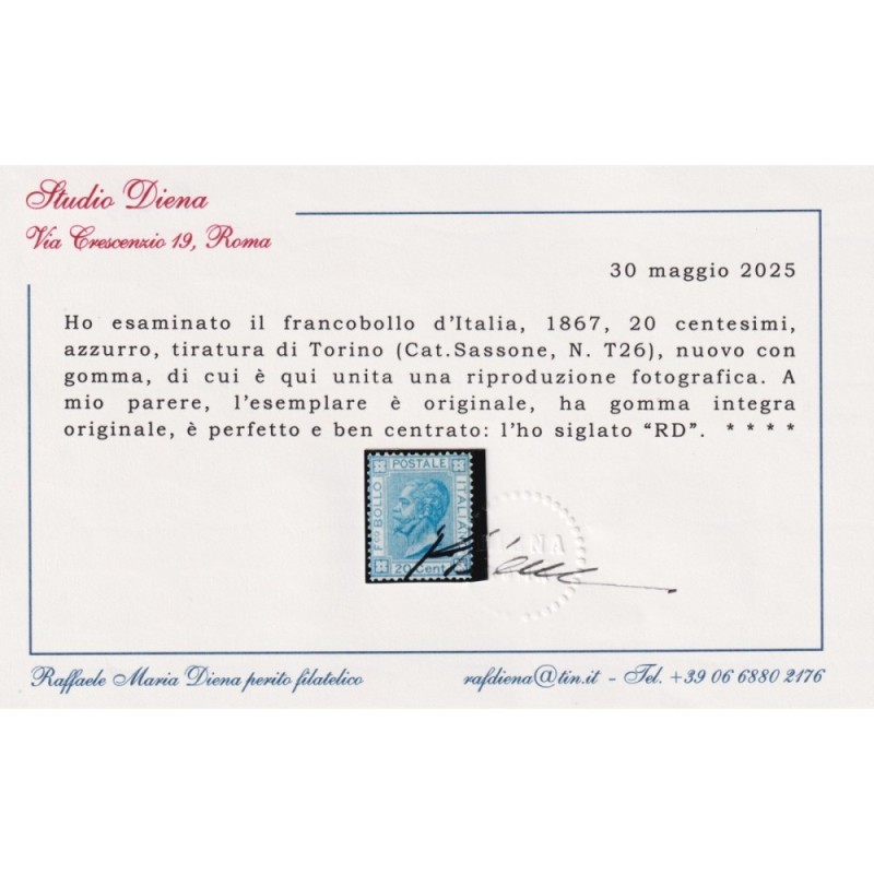 REGNO D'ITALIA 1867 20 CENTESIMI TIR. TORINO N.T26 G.I MNH** CERT. ...